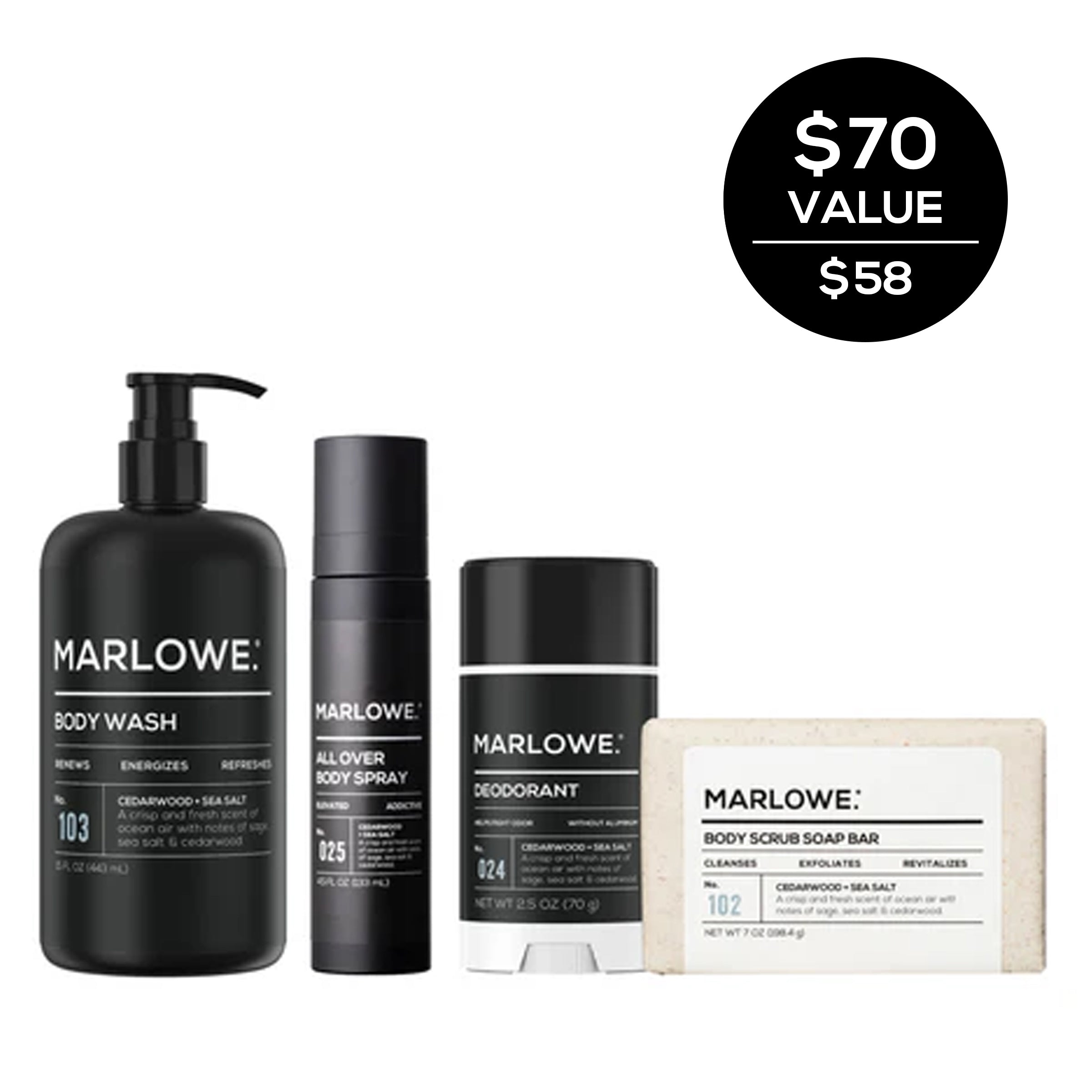Cedarwood + Sea Salt Body Care Set. 4-Full Size Pieces